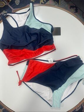 Colorblock Athletic Tankini Top and Brief Swim Set - Navy, Red & Mint